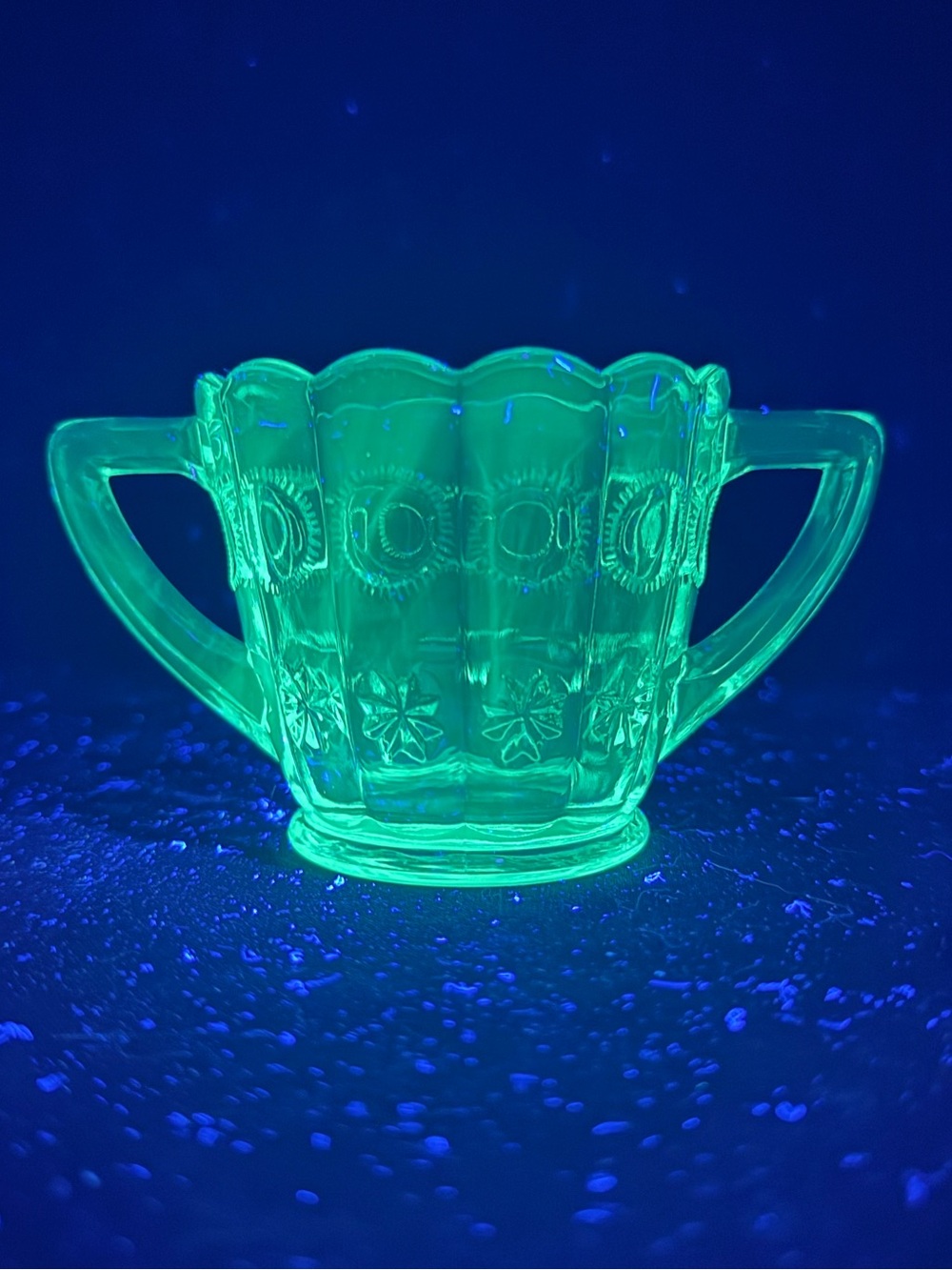 Vintage UV Reactive Sun And Moon Pattern Open Sugar Dish Double Handle